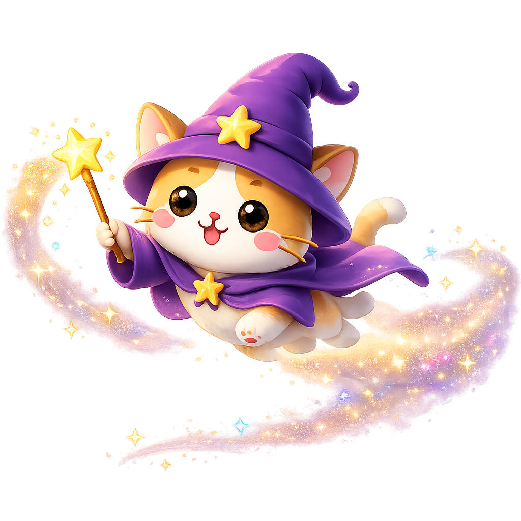 MeowFi magical cat mascot flying through a trail of stardust
